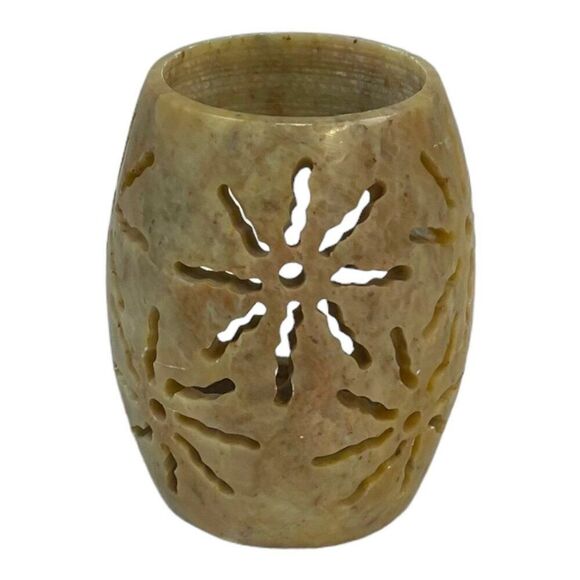 Handcrafted Stone Tealight Holder Made In India  3" Natural Beige Floral Cutouts - Picture 1 of 10